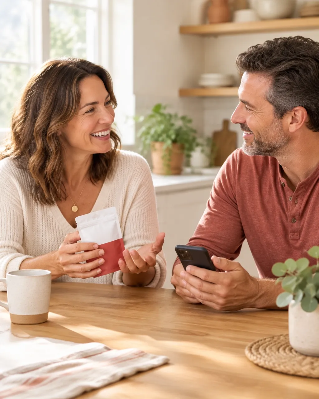 Two friends talking together about a wellness product