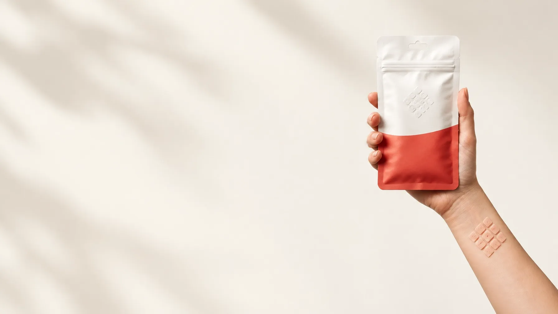 A hand holding a wellness patch pouch against a soft neutral background
